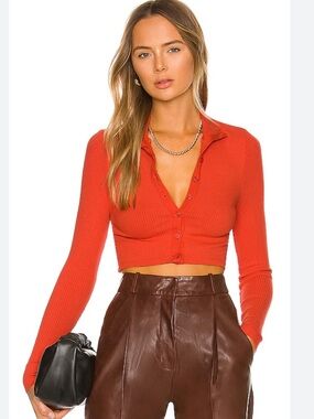 Cropped Ribbed Button-Down Top in Orange